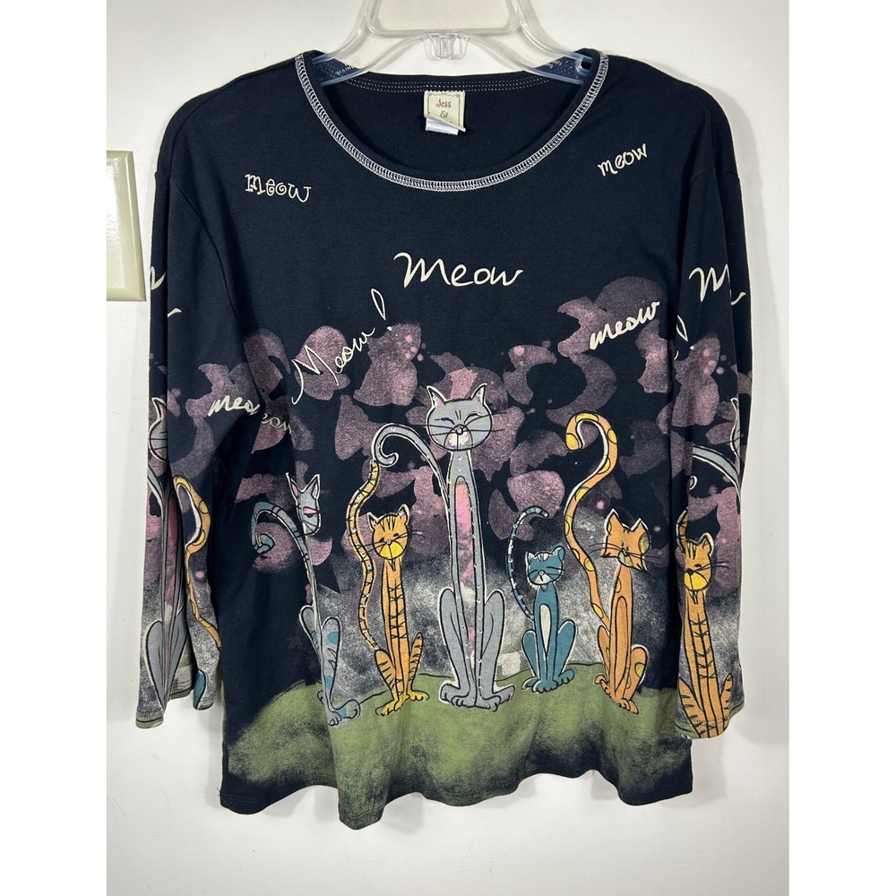 Jess & Jane Cat Novelty Print Top Women's Quirky Art to Wear Rhinestones USA